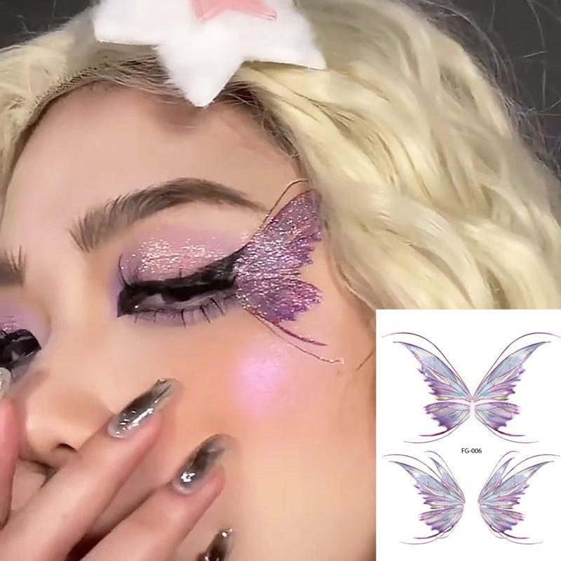 Fairy Butterfly Wings Shiny Tattoo Sticker Waterproof Eyes Face Hand Body Art Fake Tattoos For Women Makeup Dance Music Festival