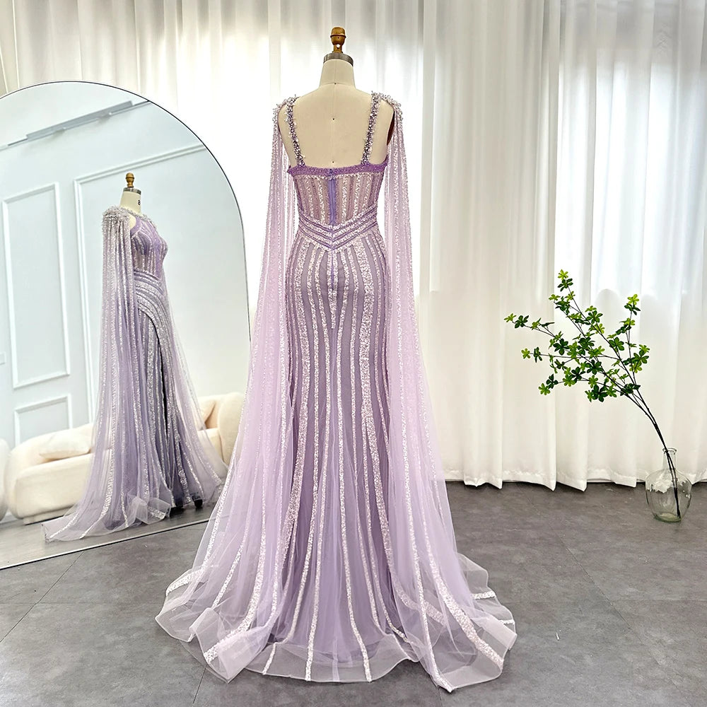 Luxury Crystal Dubai Yellow Evening Dress with Cape Sleeves Lilac Arabic Mermaid Women Wedding Party Gown