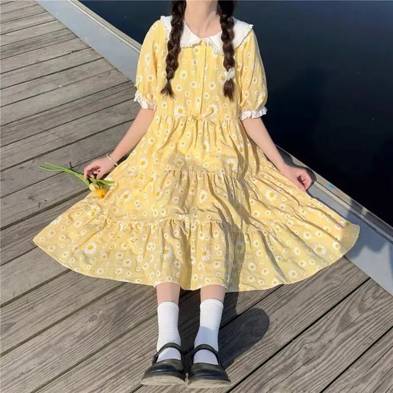 OKLULU  -  Women Yellow Floral Printed Dress 2024 Summer New Loose Fitting Casual High Waisted College Style Puff Sleeves Dresses