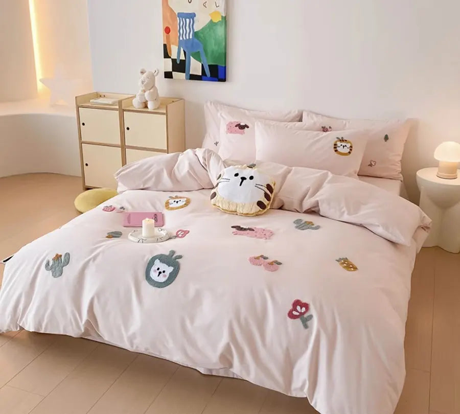 OKLULU  -  Cute cartoon embroidery pink green bedding set teen double,full queen king cotton home textile bed sheet pillow case quilt cover