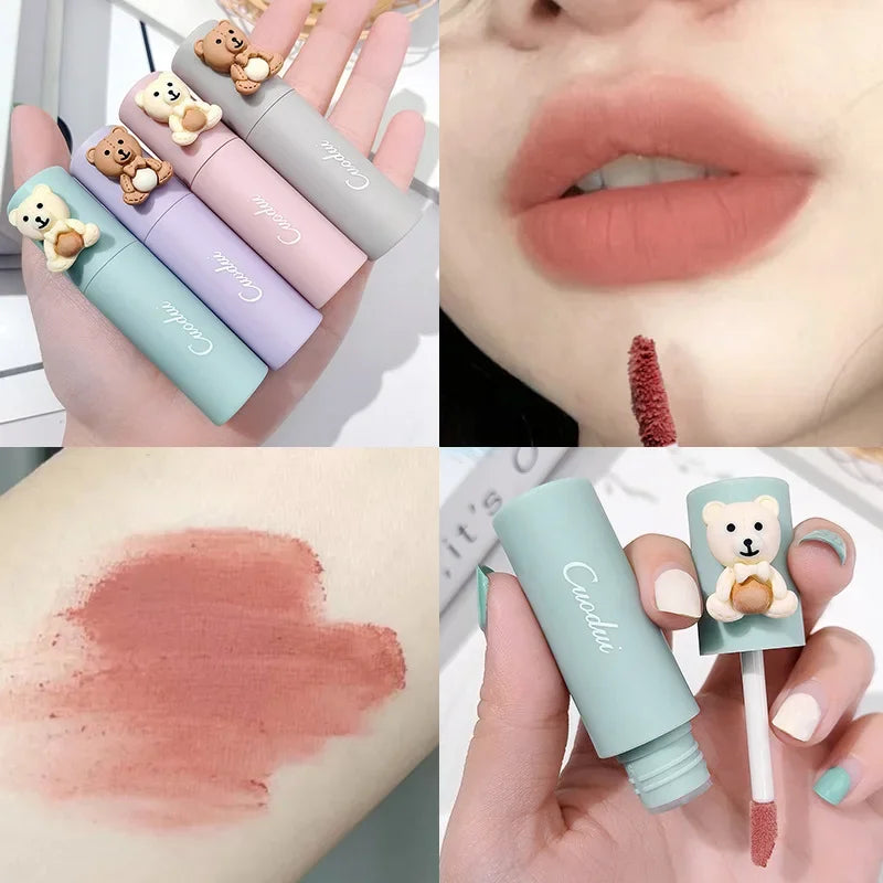 Oklulu  Girl's Velvet Matte Lipstick Blush Waterproof Long Lasting Cute Bear Lipgloss Non-Stick Cup Makeup Lip Tint Mud Cosmetic