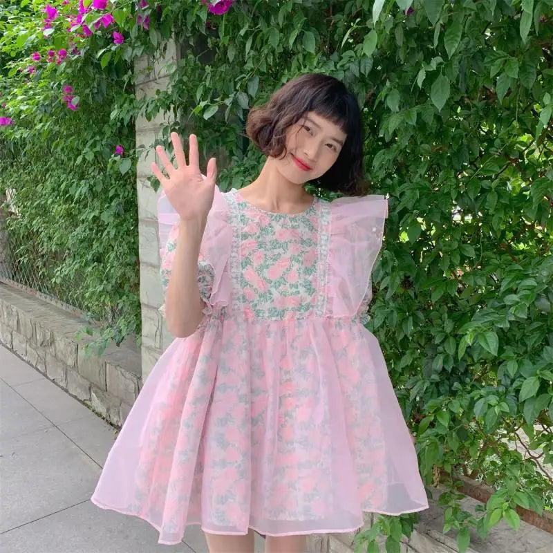 OKLULU  -  Women Pink O neck Floral Printed Flying Sleeve Puffy Dress 2024 Summer New Sweet Fairy Short Dresses Female Vestidos