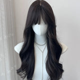 OKLULU  -  Long Wave Wig Black Wavy Wigs with Bangs Naturally Soft Synthetic Wig for Cosplay Daily Use Heat Resistant Headband Wigs