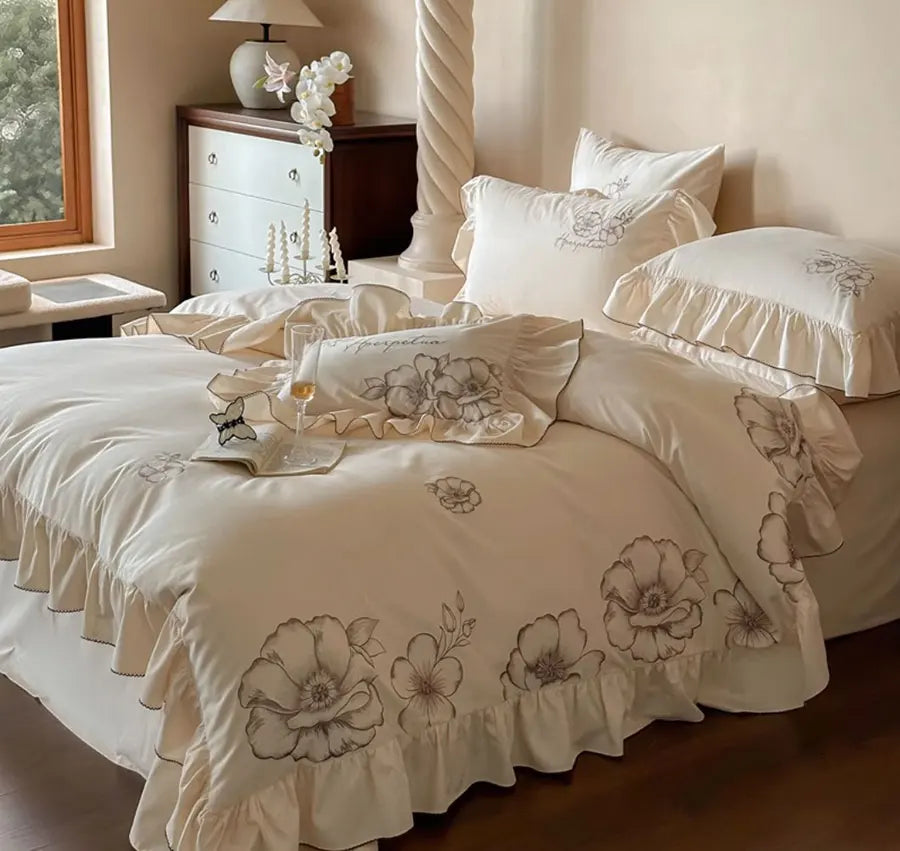 OKLULU  -  French embroidery flower bedding set,full queen king fairyfair ruffled cotton home textile bed sheet pillow case quilt cover