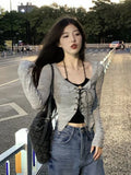 Oklulu Sexy Lace Up Crop Tops Women Black Halter Slim Tees And Grey Long Sleeve Top Two Pieces Sets Female Korean Y2k Tshirt Summer