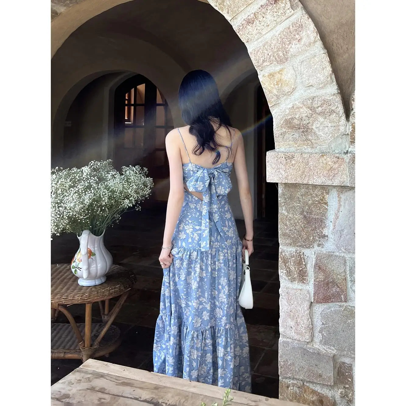 OKLULU  -  Blue Floral Suspender Dress Women's 2024 Summer New Holiday Female French Backless Long ElegAnd Party Korean Fashion Dresses.