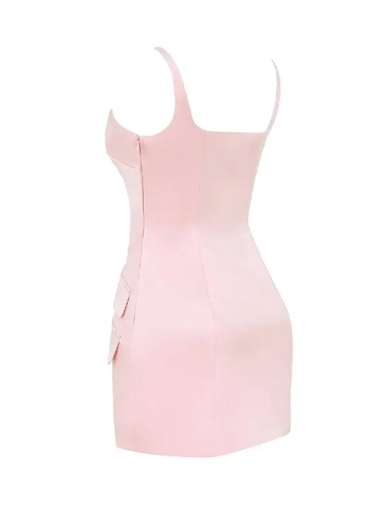 OKLULU  -  Elegant Pink Square Neck Backless Fake Pocket Slim Mini Dress Women New Sleeveless Short Dresses 2024 New Lady Street Vestidos