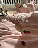 OKLULU  -  Cute Sweet Embroidery Rabbit Pink Bedding Set,twin Full Queen King Kawaii Cotton Home Textile Bed Sheet Pillow Case Quilt Cover