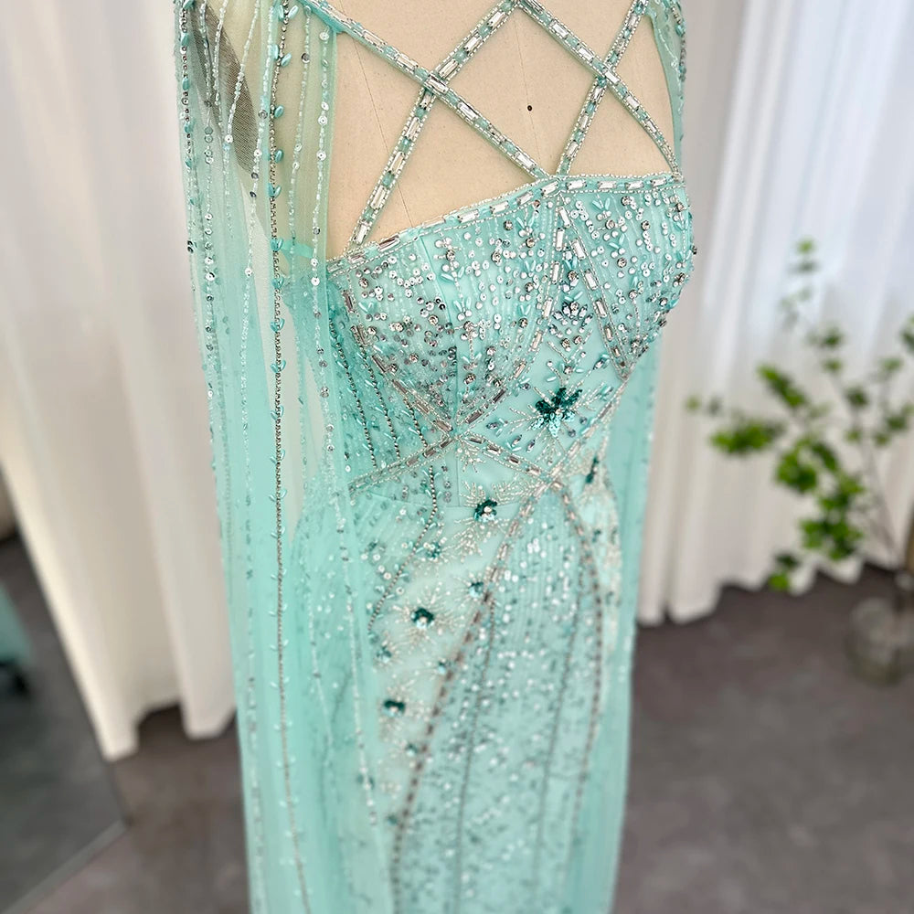 Luxury Dubai Aqua Lilac Arabic Mermaid Evening Dress with Cape Sleeves Criss Cross Women Wedding Party Gowns