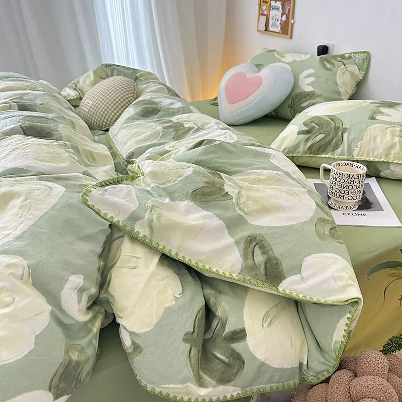 Oklulu Student Dormitory Three-piece Ins Oil Painting Wind Tulip Quilt Set Double Yarn Four-piece Set 1.8 Washed Cotton Bed Girl