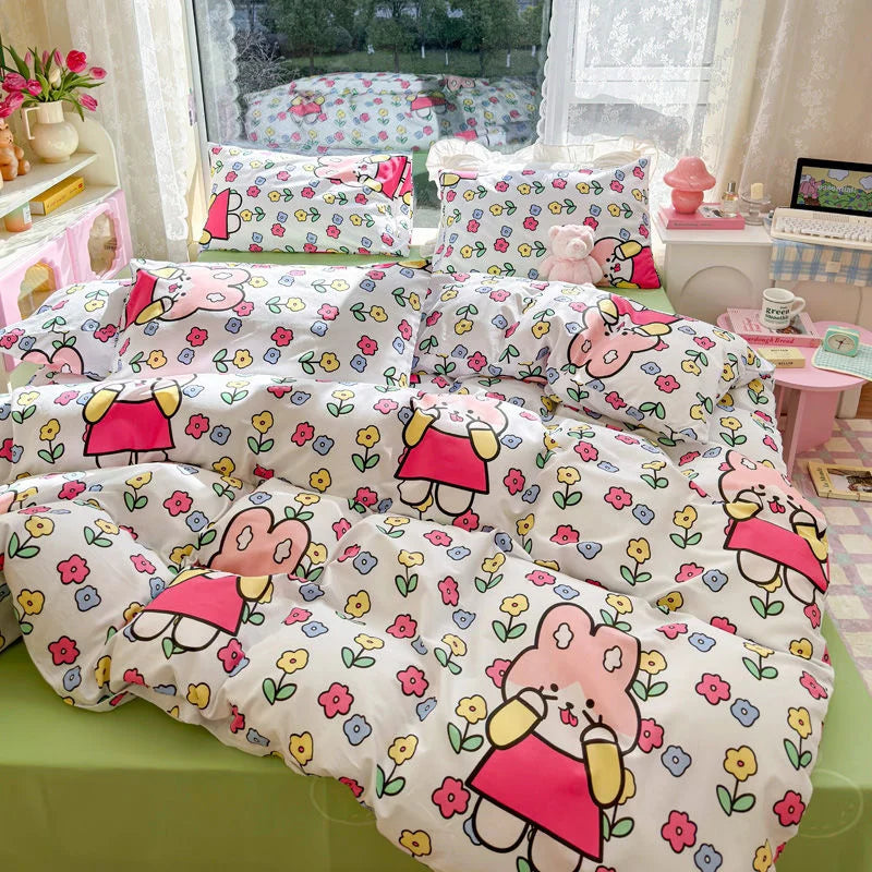 100% Cotton Flower Bedding Set Ins Flora Quilt Cover Bed Flat Fitted Sheet Set For Girls Woman Bedclothes Home Textiles