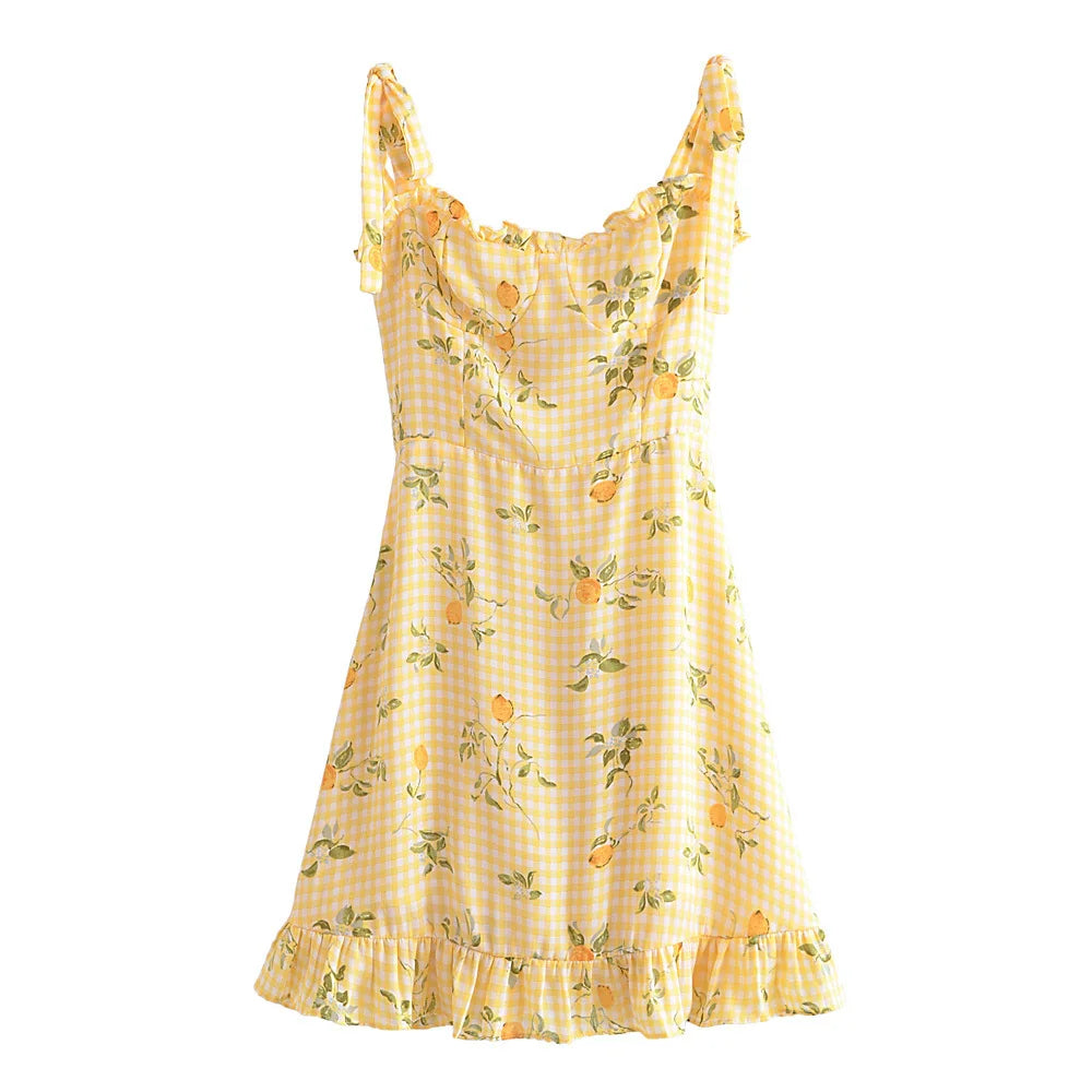 Oklulu Women Plaid Lemon Print Yellow Sling Short Dress Vintage Ladies Summer A-line Chiffon Dress French Style Vestido