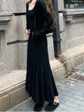 Oklulu Black Long Dress Women Vintage Fishtail Dresses Female Party Fashion Long Sleeve Dress Ladies Elegant Casual Ruffle Robe