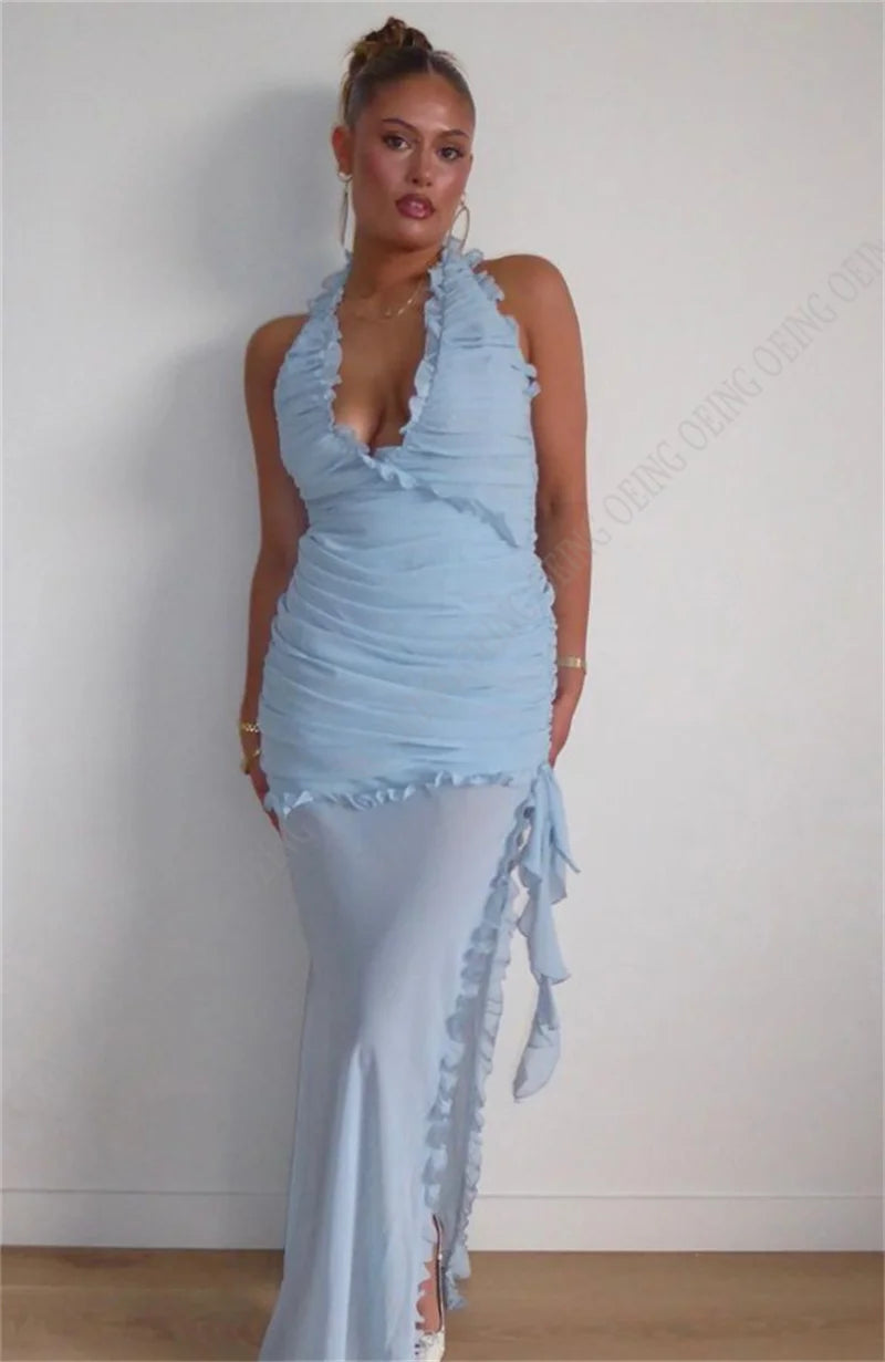 Sexy Sky Blue Evening Hot Party Dress For Beach Party Sheer Chiffon Deep V-Neck Cocktail Party Gown Ruffled Vestidos