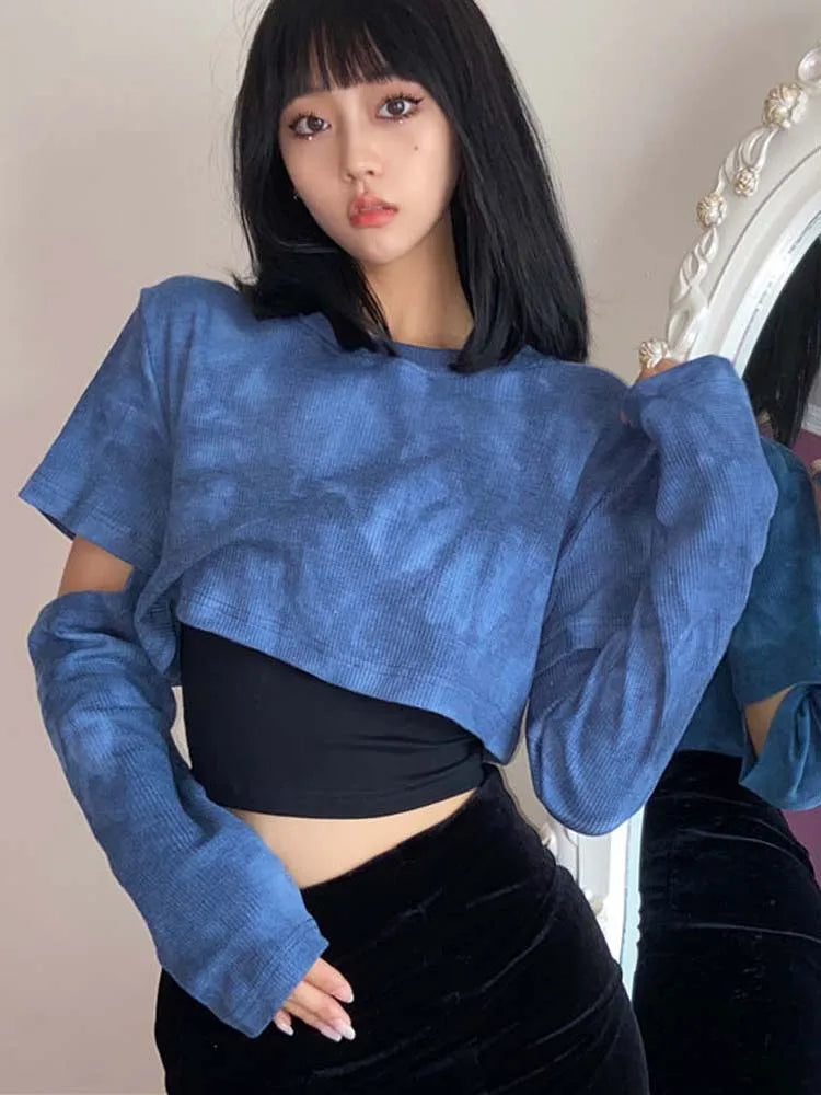 Oklulu Tie Dye T-shirts Women Blue Removable Sleeve Trendy Korean Style Chic Club Streetwear Popular Female Crop Top Ins Sexy Slim Tee