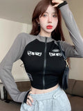 Oklulu Punk Style Shirt Women Stitched Crop Top Zip Up Skinny Long Sleeve T-shirts Women Streetwear Casual Slim Fit Tee Y2k Top