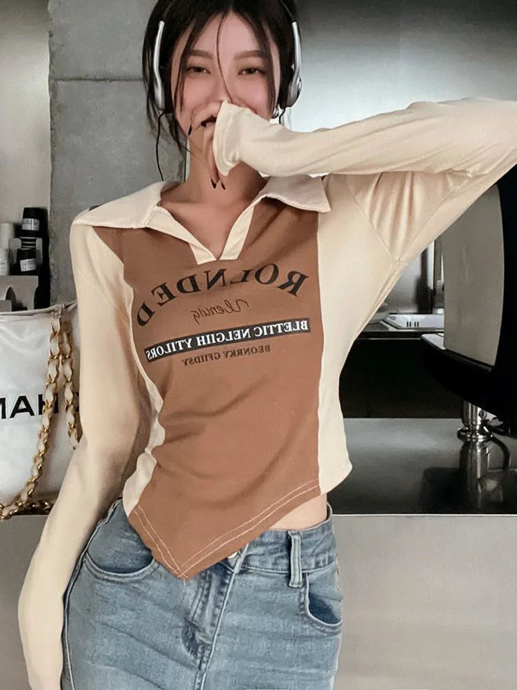 Oklulu Vintage Y2k T Shirts Women Harajuku Long Sleeve Kpop Tees Slim Irregular Aesthetic Top Korean Fashion Streetwear T-shirts