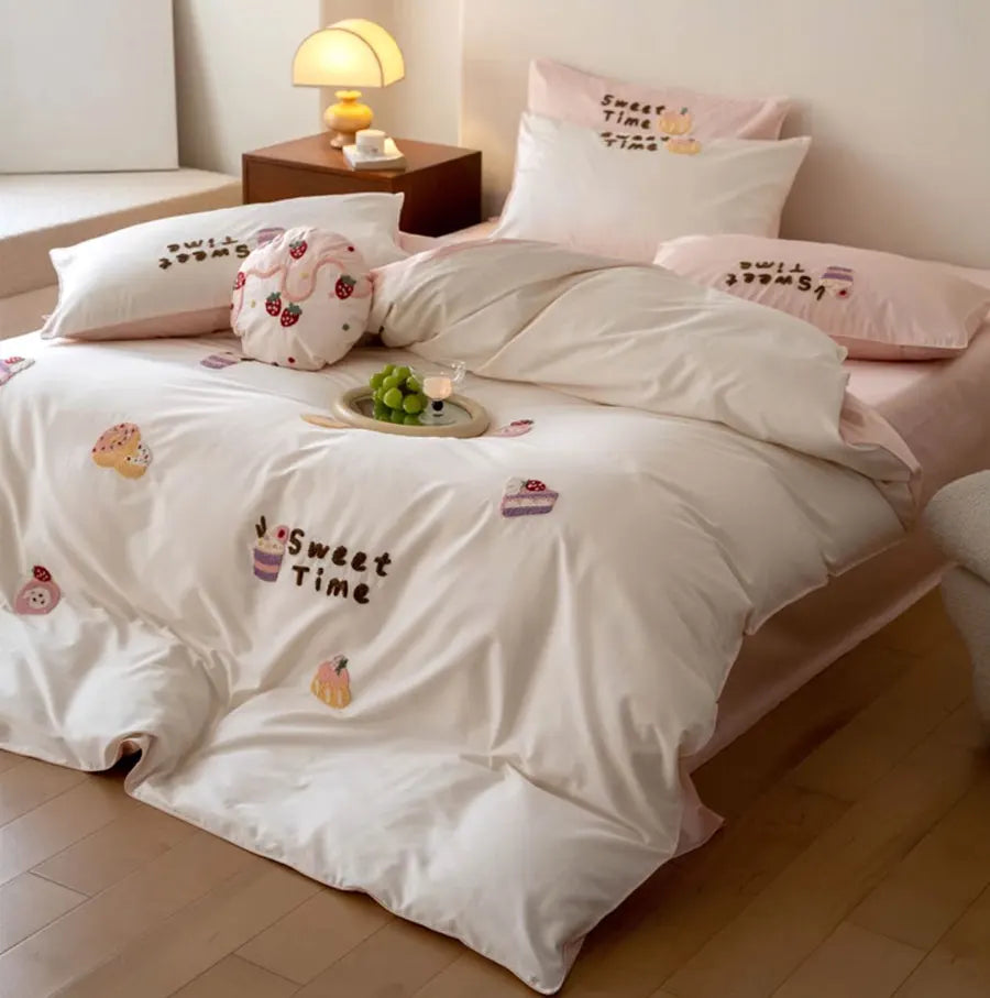 OKLULU  -  Cute sweet towel embroidery cake bedding set,twin full queen king lovely cotton home textile bed sheet pillow case quilt cover