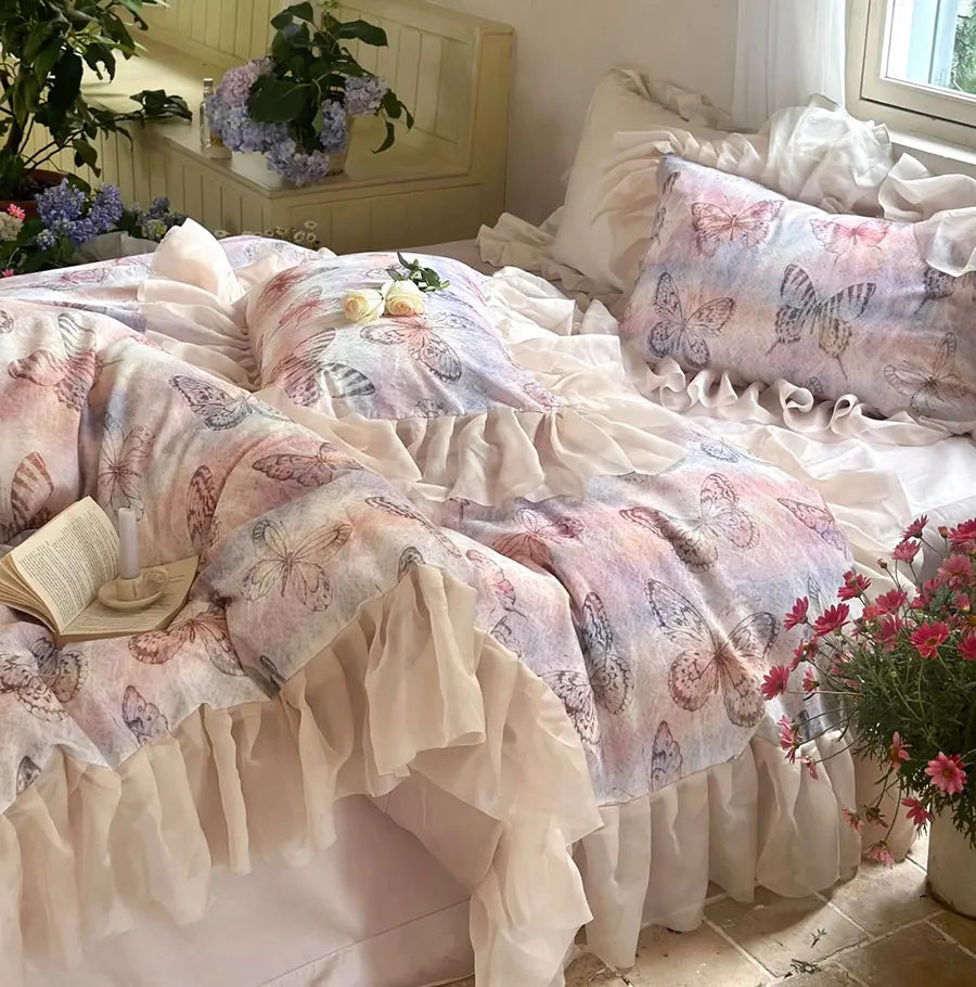 OKLULU  -  Vintage butterfly purple pink bedding set,full queen king elegant fairyfair ruffle home textile bed sheet pillowcase quilt cover