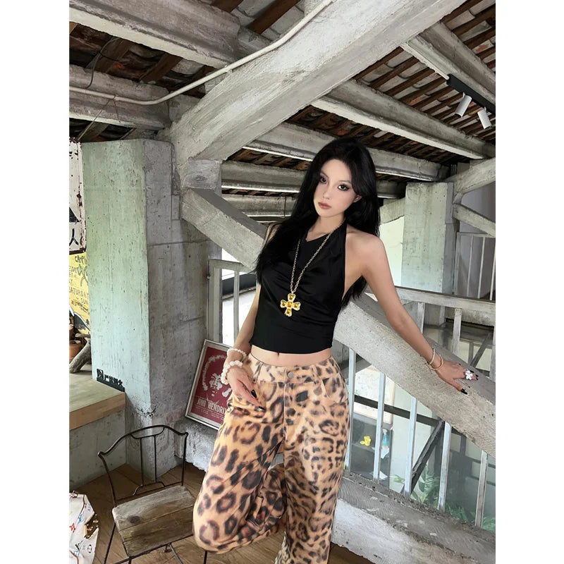 OKLULU  -  Women Jeans Hip-hop Fashion Vintage Streetwear Y2K Wide Leg Straight Jean High Waist Leopard Print Trouser Baggy Denim Pants