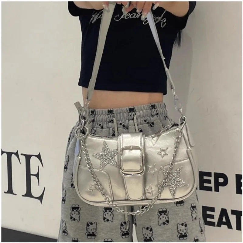 OKLULU  -  Harajuku Silver Underarm Bag Women Hot Girls Star Chain Leather Y2k Shoulder Bags Ladies Sweet Cool Handbag Aesthetic