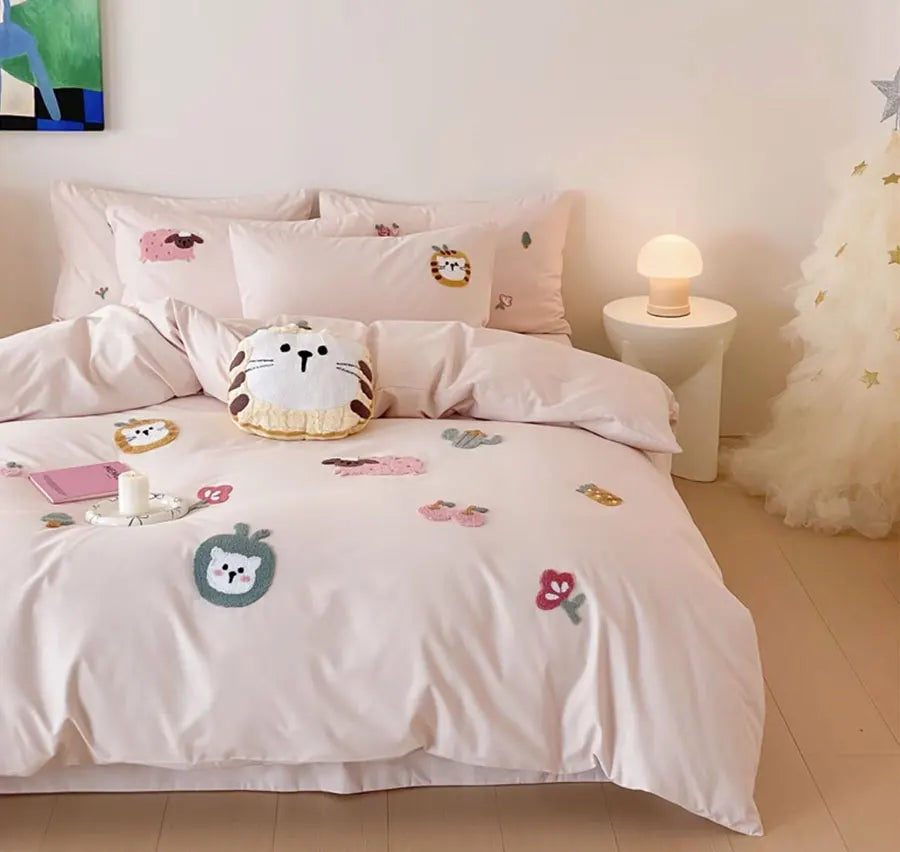 OKLULU  -  Cute cartoon embroidery pink green bedding set teen double,full queen king cotton home textile bed sheet pillow case quilt cover