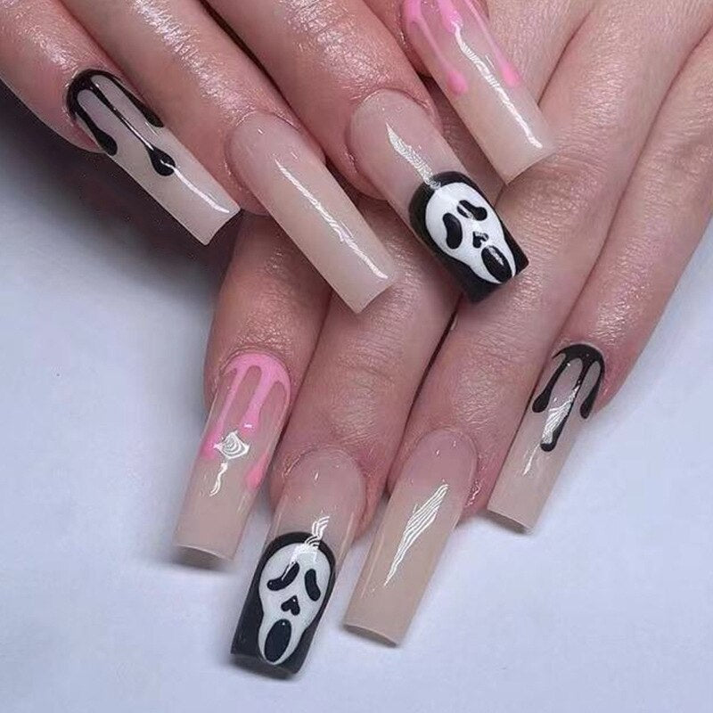 24Pcs Long Coffin False Nails Halloween Fire Designs Wearable French Ballerina Fake Nails Press On Full Cover Manicure Nail Tips