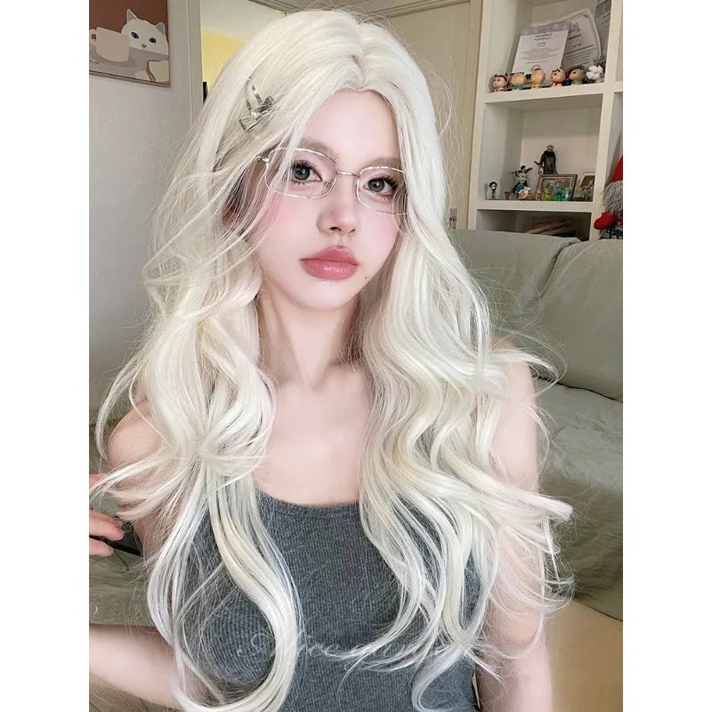 OKLULU  -  Water Wavy Synthetic long blonde wig Cosplay Party Lolita Hair wigs for Women Middle Part Natural Heat Resistant Wig