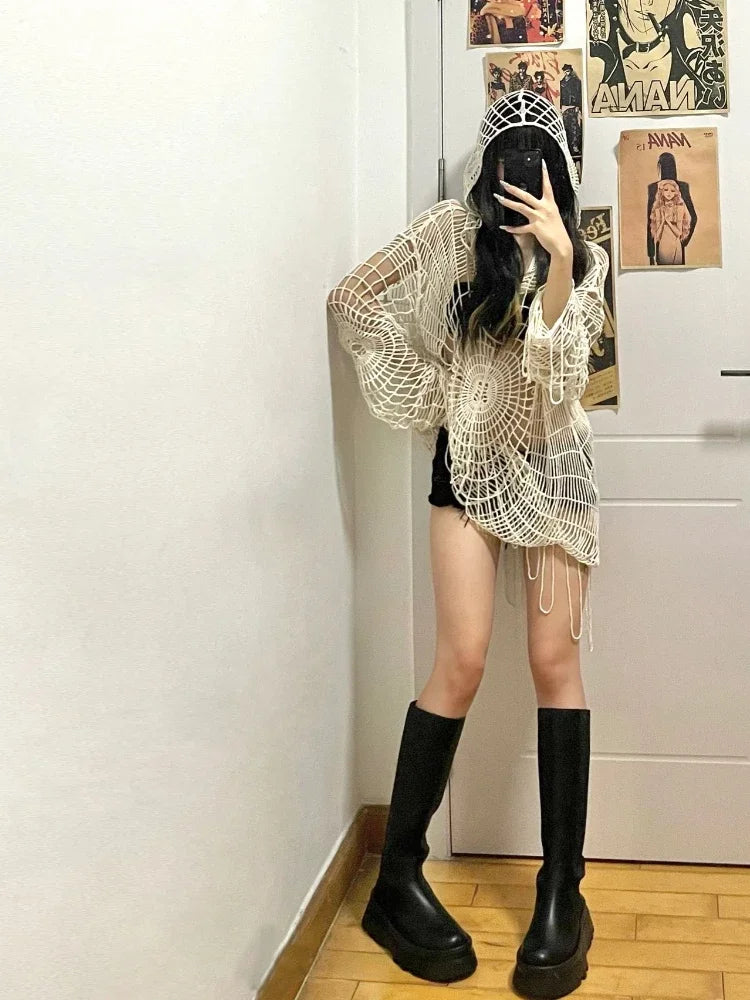 OKLULU  -  Y2k Hollow Out Knit Hoodies Women Spider Web Hole Crochet Top Punk Grunge E-Girl Pullover Streetwear Goth Mesh Clothes