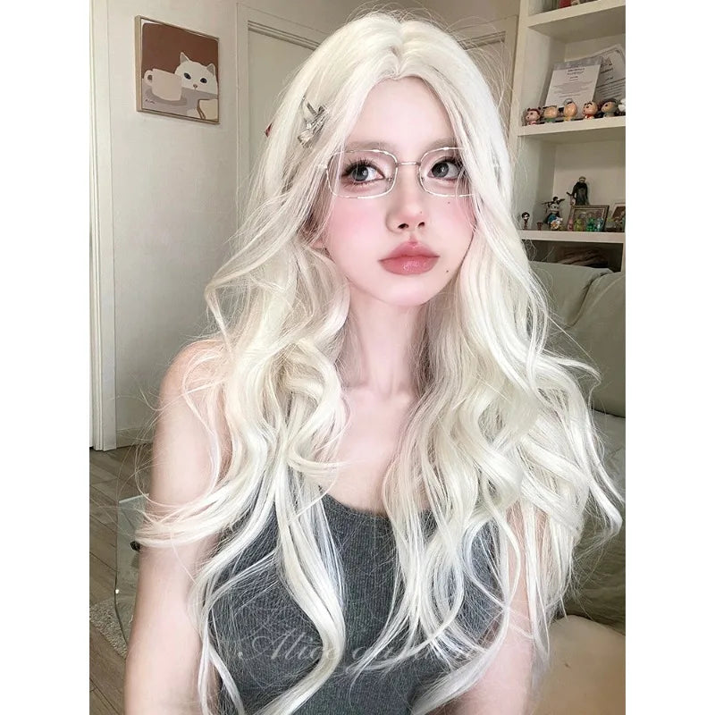 OKLULU  -  Water Wavy Synthetic long blonde wig Cosplay Party Lolita Hair wigs for Women Middle Part Natural Heat Resistant Wig