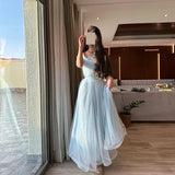 Strapless Prom Dresses A-Line Sky Blue Backless Pleat Long Tulle Evening Dress Sleeveless Simple Floor-Length Party Gowns