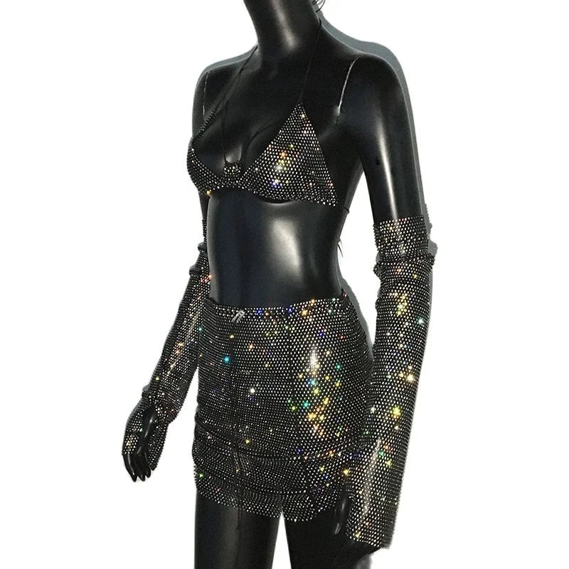 Oklulu Glitter Rhinestone 3 PCS Set Women See Through Backless Crop Top With Party Mini Skirt And Shiny Sleeve Rave Festival Outfits