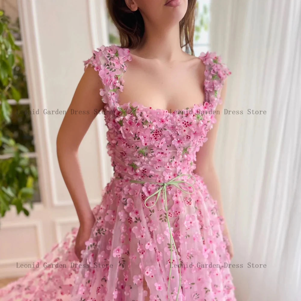 Flowers Pink Prom Dresses Square Neck Sleeveless Tulle Party Gowns A-Line Evening Dress Floor Length Front Slit