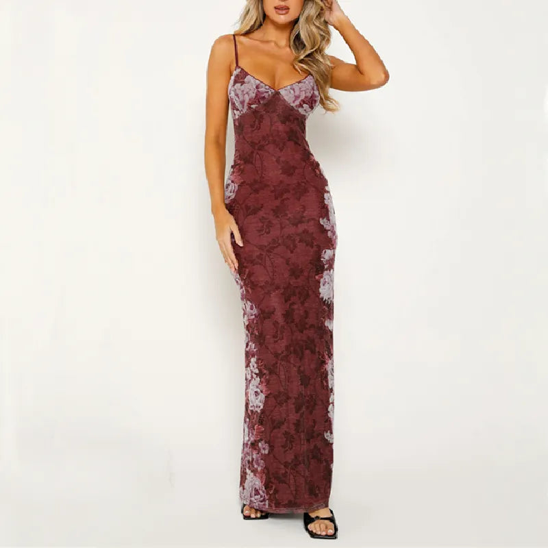 Vintage Print Slip Long Dress Sexy V-neck Sleeveless Bodycon Dresses Aesthetic Coquette Party Club Backless Robe Summer