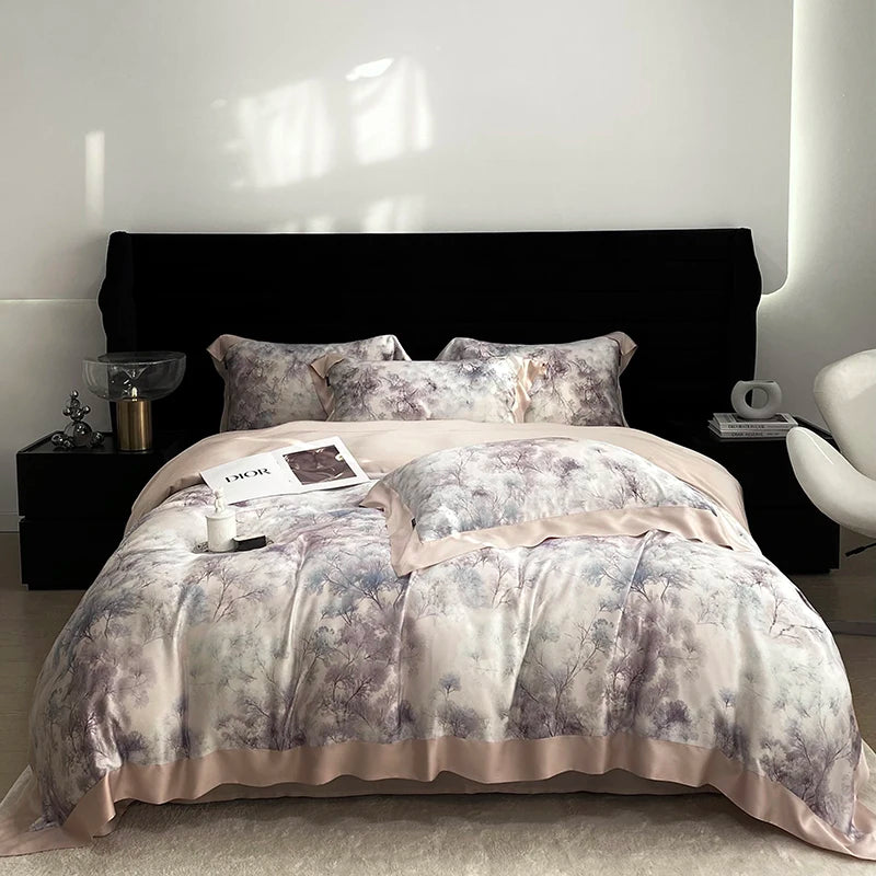 New Summer 100% Lyocell Eucalyptus Fiber Flower Pattern Bedding Set Natural Soft Silky Quilt Cover Set Bed Sheet Pillowcase