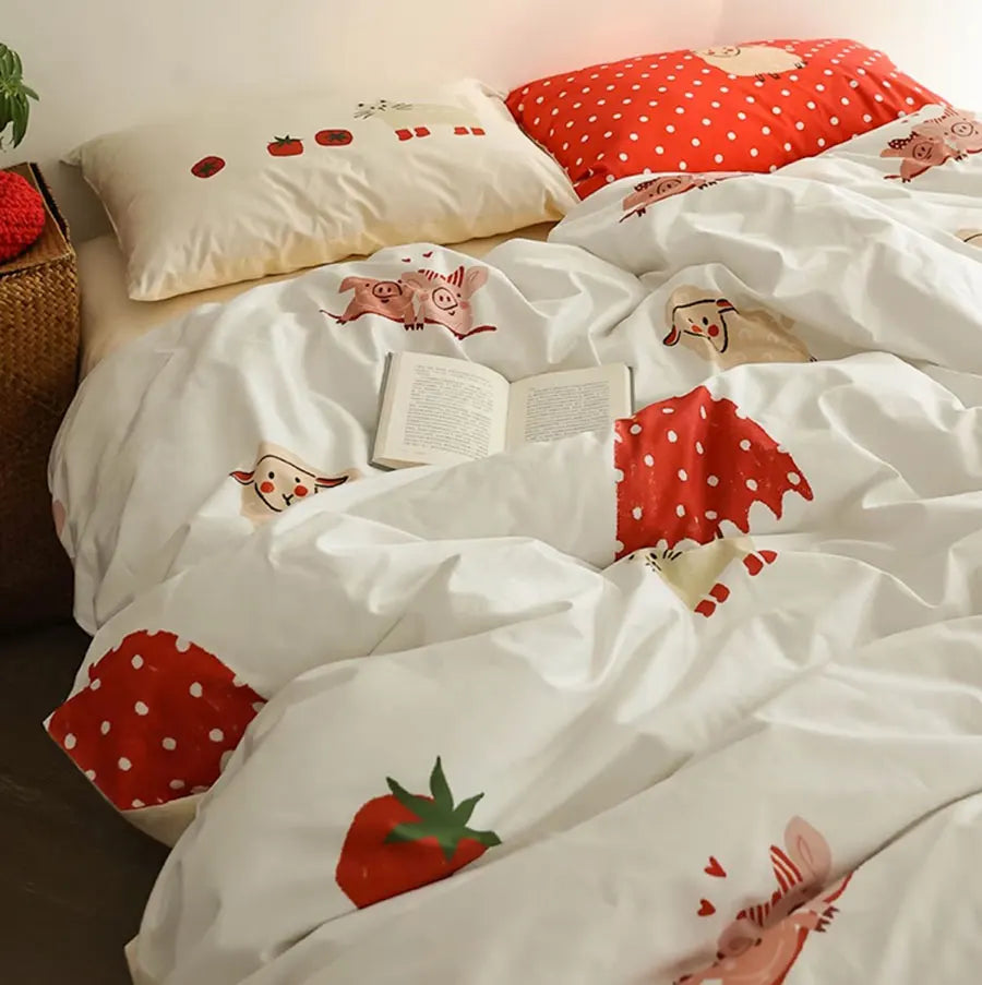 OKLULU  -   Cute Cartoon Pig Cat Red Bedding Set1.2 1.5 1.8 2.0,twin Full Queen King Cotton Home Textile Bed Sheet Pillow Case Quilt Cover