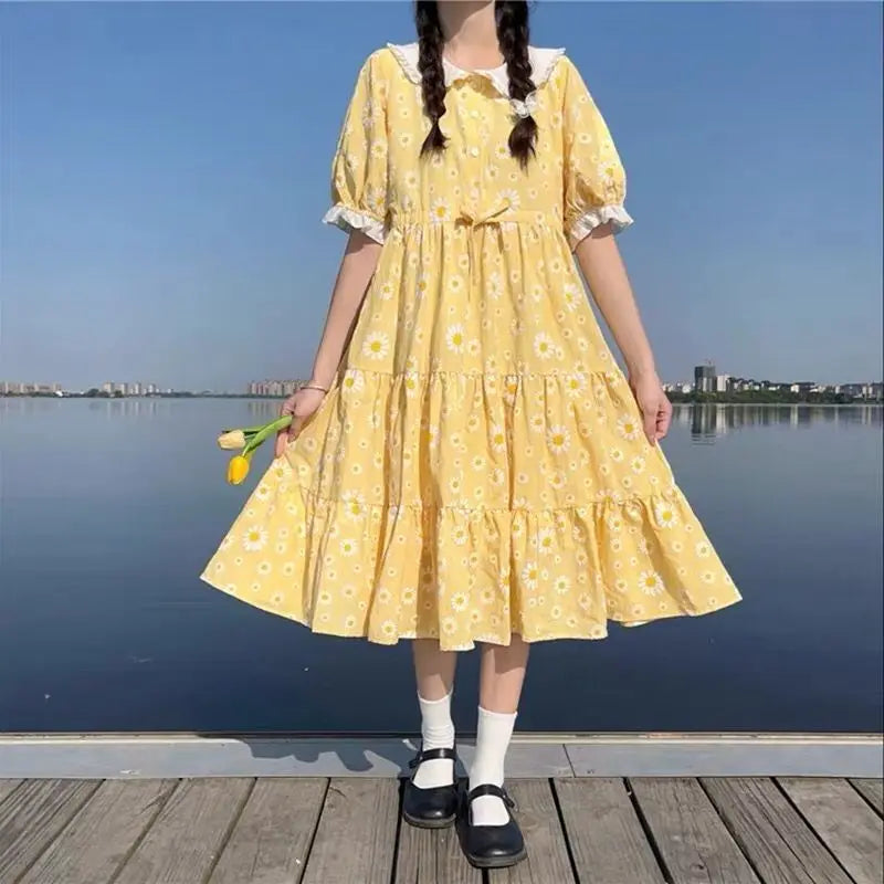 OKLULU  -  Women Yellow Floral Printed Dress 2024 Summer New Loose Fitting Casual High Waisted College Style Puff Sleeves Dresses