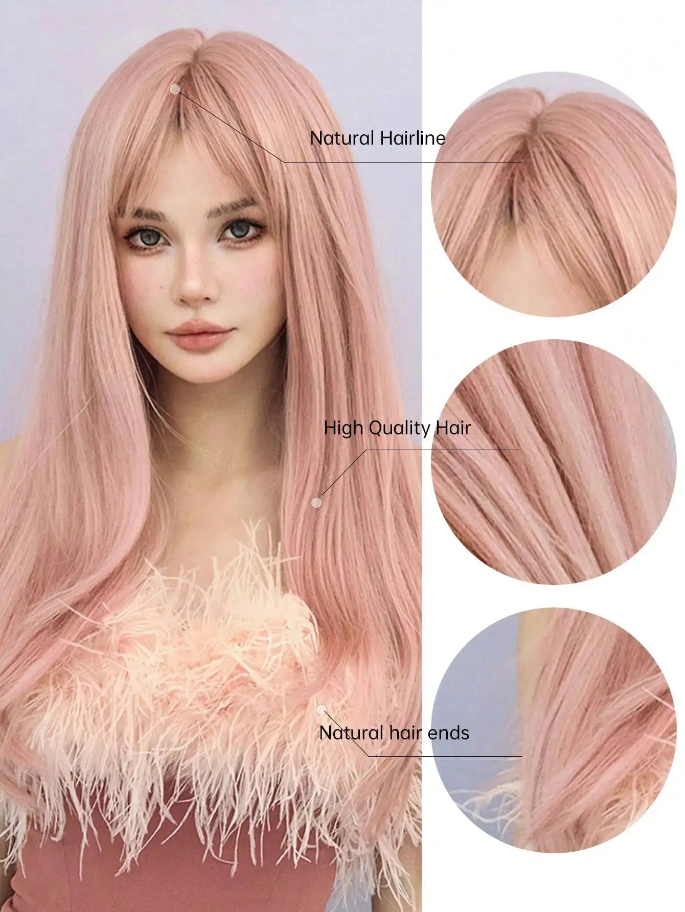 OKLULU  -  Shimmer Pink wig Long Straight Synthetic Wig With Bangs Natural Heat Resistant Fiber Hair Cosplay Party Wigs For Women Daily Use