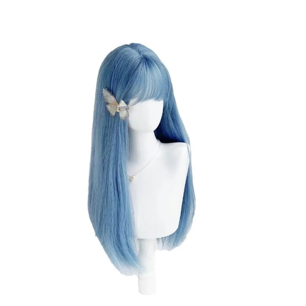 OKLULU  -   Wig for Women Blue Wigs with Bangs Long Straight Hair 24inch Cosplay Natural Headband Synthetic Wig  Pelucas