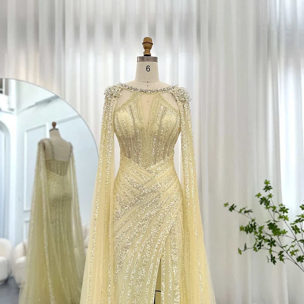 Luxury Crystal Dubai Yellow Evening Dress with Cape Sleeves Lilac Arabic Mermaid Women Wedding Party Gown