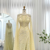 Luxury Crystal Dubai Yellow Evening Dress with Cape Sleeves Lilac Arabic Mermaid Women Wedding Party Gown