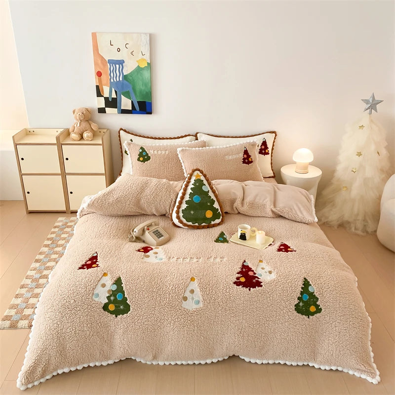 OKLULU  -  4Pcs Winter Berber Fleece and Milk Velvet Christmas Tree Embroidery Bedding Set Duvet Cover Bed Sheet Pillowcases Christmas Gift