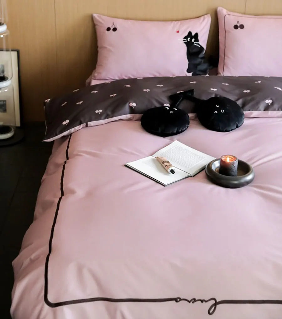 OKLULU  -  Fashion cute sweet pink cat cherry bed set 1.2 1.5 1.8,twin full queen 60s cotton home textile bed sheet pillow case duvet cover