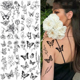 OKLULU  -  Butterfly Fake Tattoo for Woman Black Flower Tattoo Sketch Tattoo Sticker  Rose Blossom Tattoo Temporary Waterproof