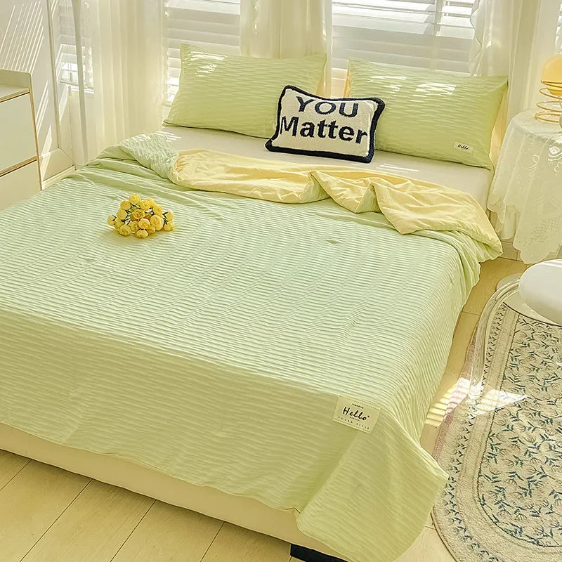 Oklulu New Korean Seersucker Washed Cotton Color Bed Sheet Summer Quilt Four-piece Double Bed Cooling Blanket