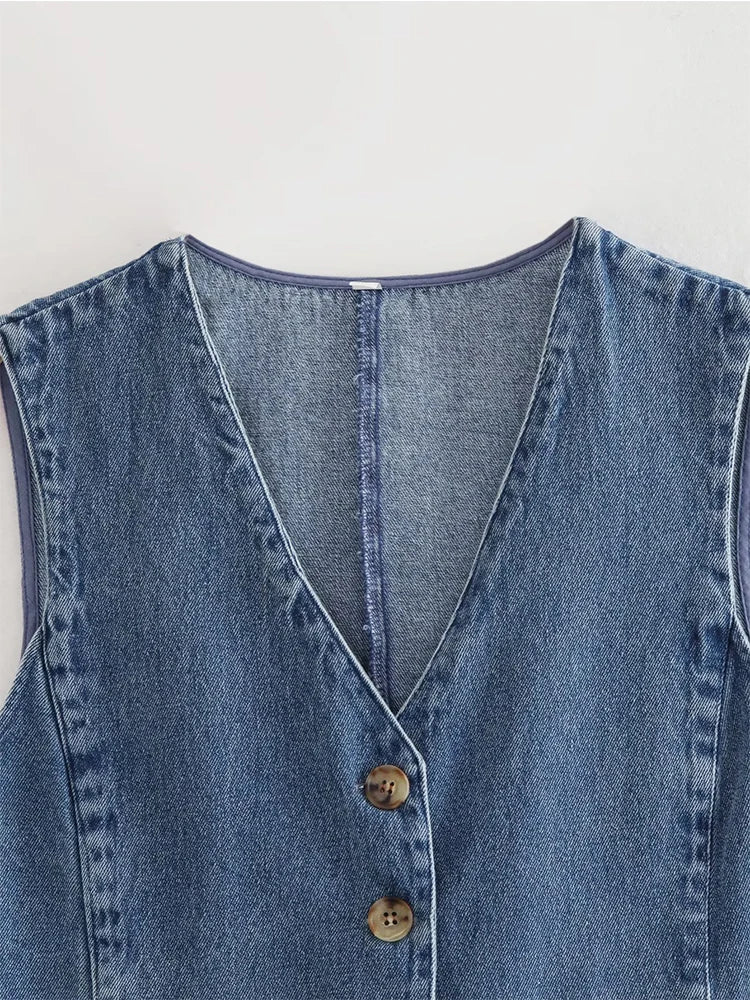 Oklulu   Women Blue Denim Waistcoat Sexy Sleeveless Single Breasted Female  Summer Vest Top