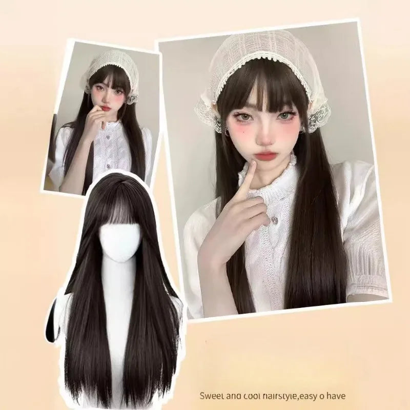 OKLULU  -  Wig Long Straight for Women Natural Black Lolita Wigs with Bangs Heat Resistant Fiber Hair for Cosplay Daily Use wigs