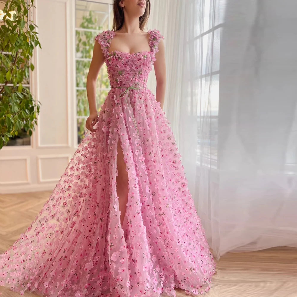 Flowers Pink Prom Dresses Square Neck Sleeveless Tulle Party Gowns A-Line Evening Dress Floor Length Front Slit