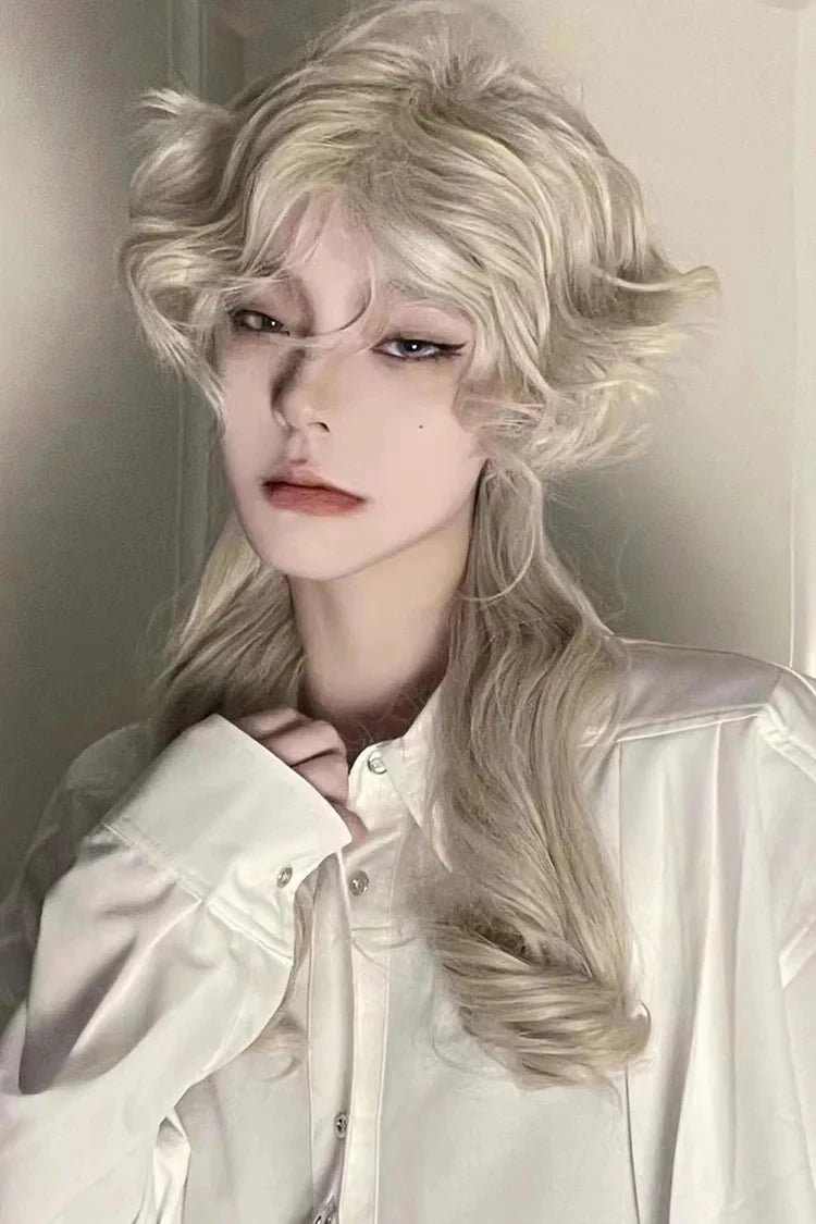 OKLULU  -  Beige Medium Long Curly Hair Retro Ouji Wig with Bangs 18 Inch 13x4 HD Wigs for Women Lolita for Cosplay and Party Use