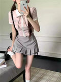 OKLULU  -  Kawaii Pink Blouse Women Preppy Style Short Sleeve Lace Up Lapel Collar Shirt Summer Fashion Slim Fit Aesthetics Clothes